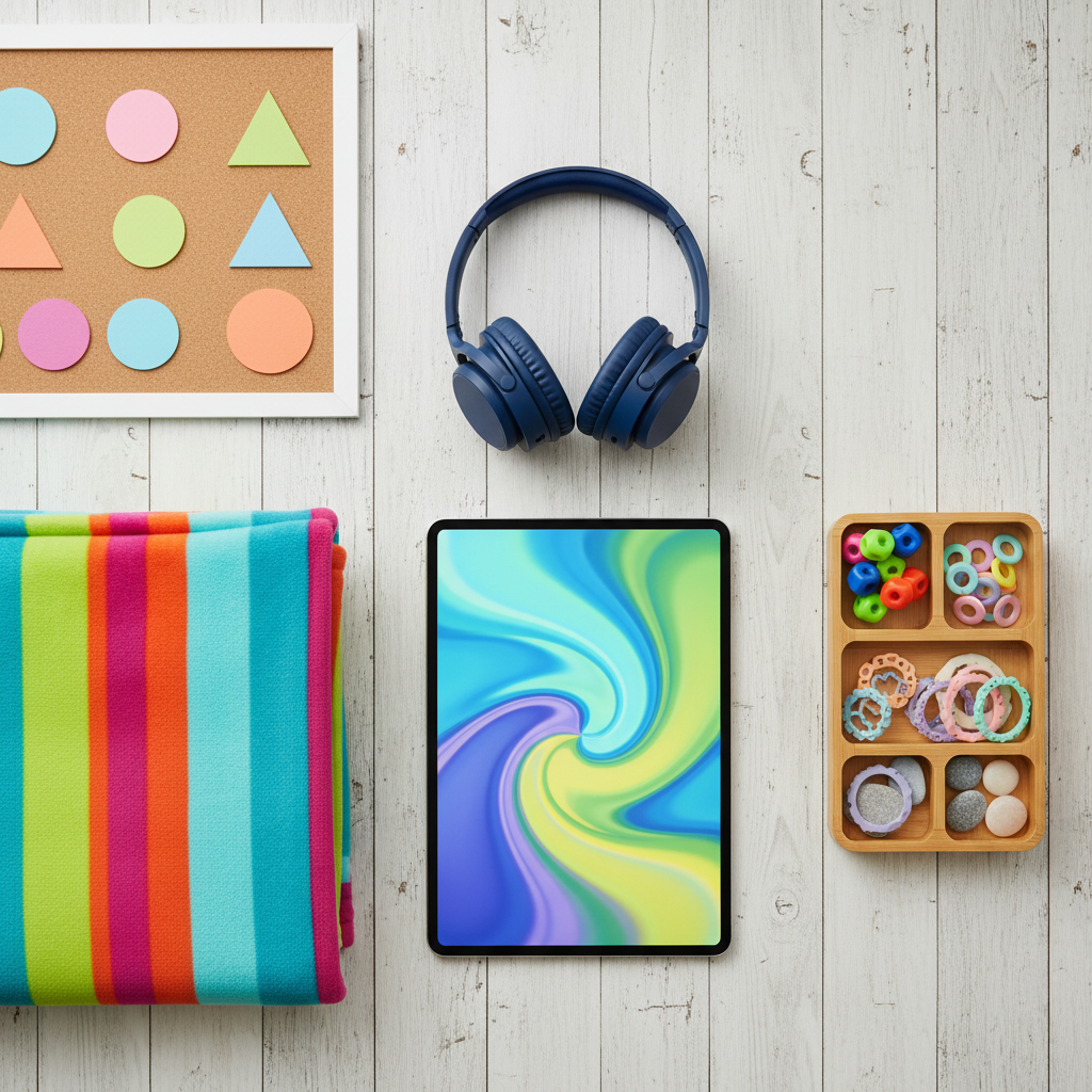 A thoughtfully curated flat lay of autism lifestyle essentials arranged on a pale wooden surface: a bright tablet displaying an abstract, colorful interface without visible text, a soft-weighted lap blanket in cheerful stripes, a sleek pair of noise-reducing headphones, and a small organizer tray holding fidget cubes, silicone rings, and smooth worry stones. A minimalist calendar board in the corner uses bold shapes and colors instead of numbers. Gentle, diffused daylight from an unseen window keeps the scene evenly lit with minimal shadows. Photographic realism, top-down bird’s-eye view with balanced composition and plenty of negative space, creating a calm, organized, playful mood suited for a blog post about daily autistic-friendly routines and supports.